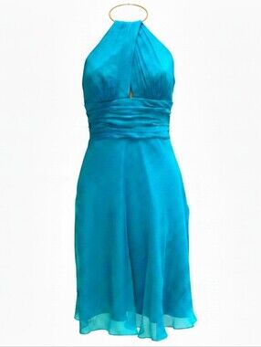 Teal Silk Halter Party Dress Women's Midi Sleeveless